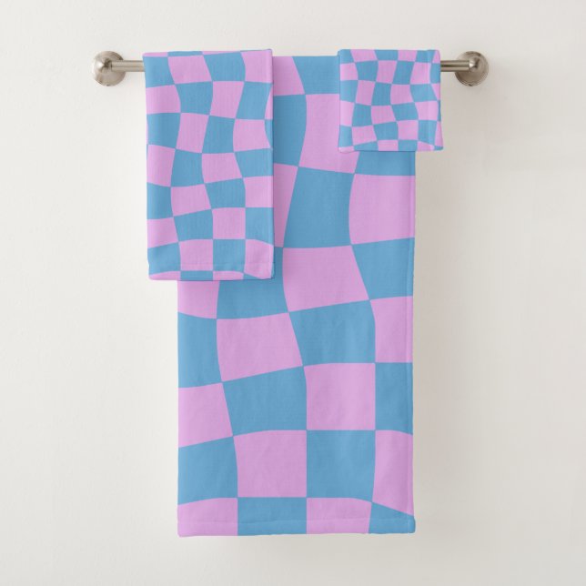 Retro Mod Abstrakt Checkerboard in Blau und Lila Badhandtuch Set (Insitu)