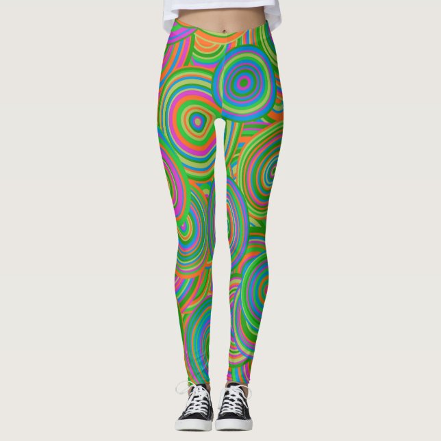 Retro Mod abstrakte Kreise, grün und orange rot Leggings (Vorderseite)