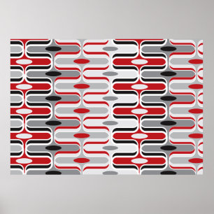 Retro Mod Art Déco Zig Zag Funky Motif Rouge Noir