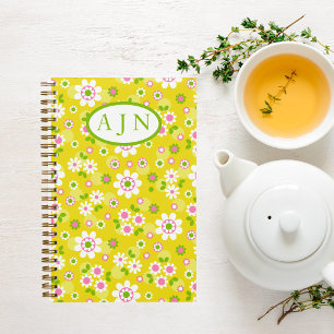 Retro-Mod-Blume Gelb-Weiß-Monogramm Notizbuch