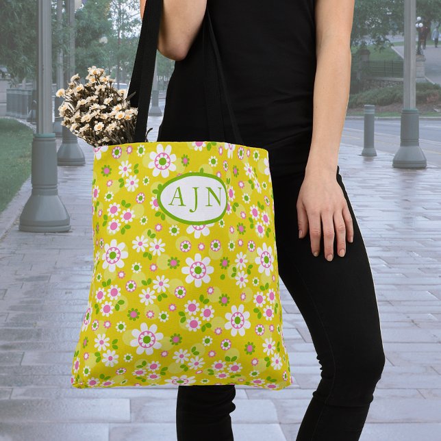 Retro-Mod-Blume Gelb-Weiß-Monogramm Tasche (Von Creator hochgeladen)