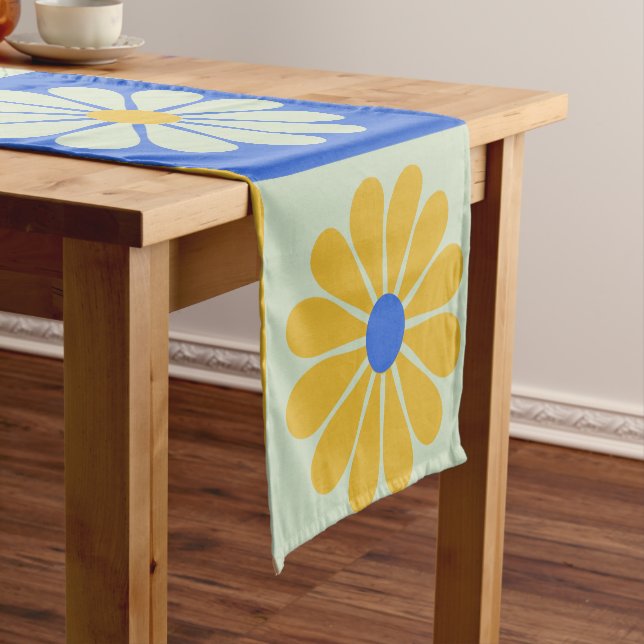 Retro-Mod-Blume Muster in Blau und Gelb Kurzer Tischläufer (Beispiel)