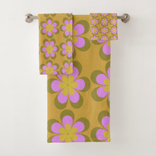 Retro Mod Blume Muster in Gelb und Violett Badhandtuch Set