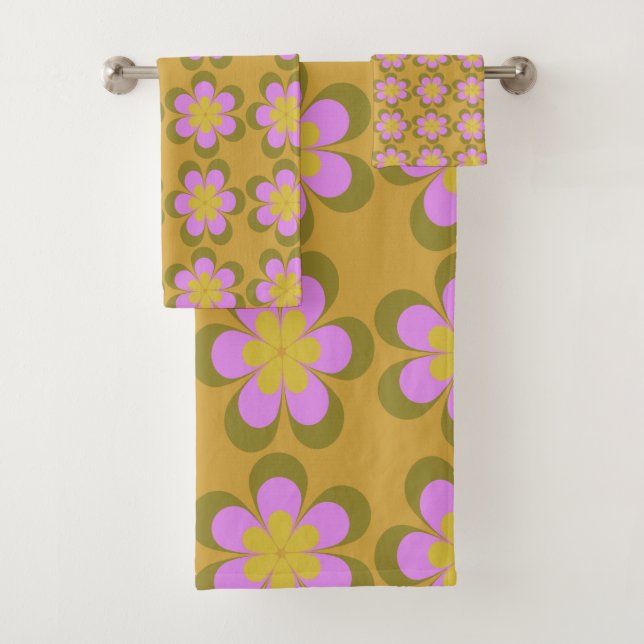 Retro Mod Blume Muster in Gelb und Violett  Badhandtuch Set (Insitu)