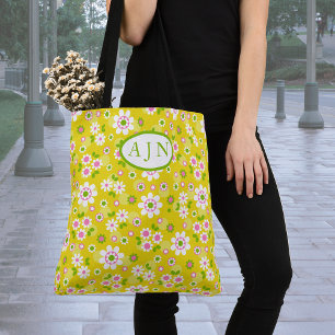 Retro-Mod-Blumen Gelb und Weiß Monogramm Tasche