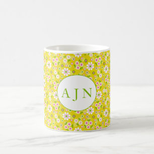 Retro-Mod-Blumen Gelb & Weiß Monogramm  Kaffeetasse
