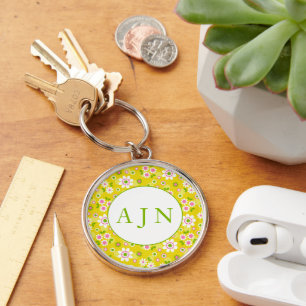Retro Mod Blumen Gelb & Weiß Monogramm Schlüsselanhänger
