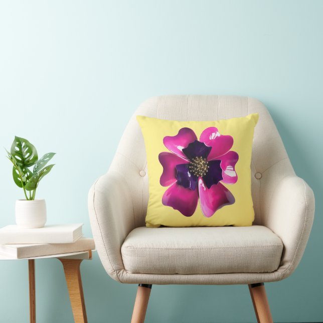 Retro MOD Lila Pansy Blume auf Butter Gelb Kissen (Stuhl )