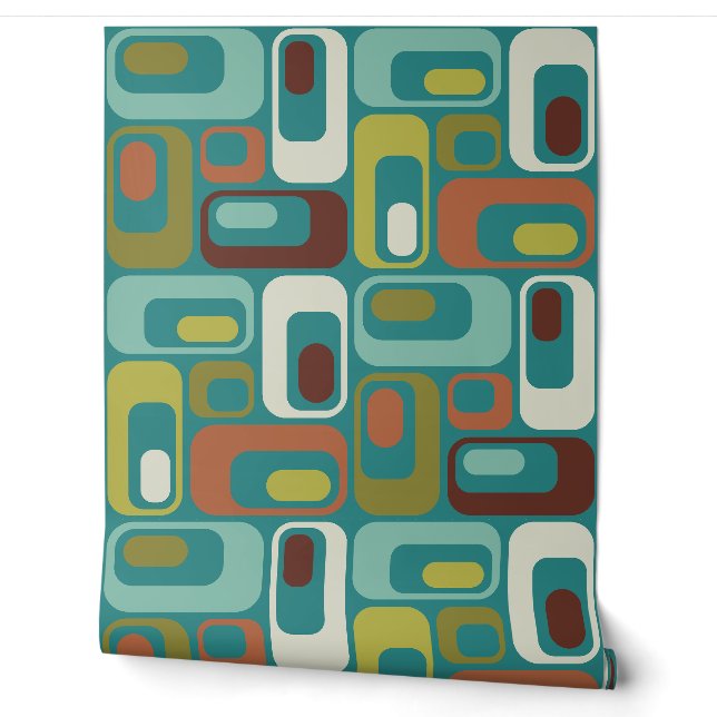 Retro Mod Ovals Kissen Aquamarines Aqua Grün braun Tapete (Abrollen)
