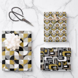 Retro Mod Patterns Mustard Beige Taupe Grey Geschenkpapier Set