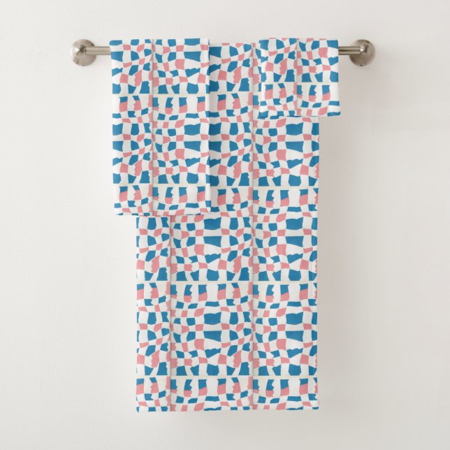 Retro Mod Pink Blue Checkerboard Abstrakt Badhandtuch Set (Insitu)