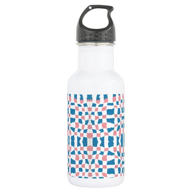 Retro Mod Pink Blue Checkerboard Abstrakt Edelstahlflasche (Vorderseite)