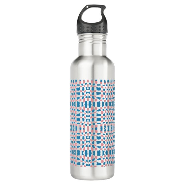 Retro Mod Pink Blue Checkerboard Abstrakt Edelstahlflasche (Vorderseite)
