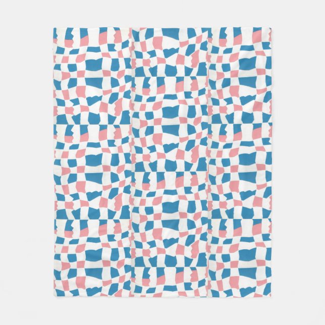 Retro Mod Pink Blue Checkerboard Abstrakt Fleecedecke (Vorderseite)