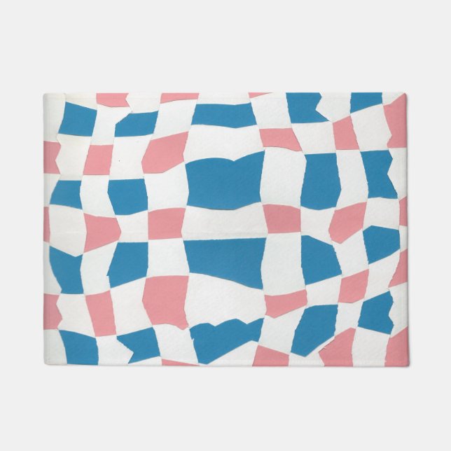 Retro Mod Pink Blue Checkerboard Abstrakt Fußmatte (Vorderseite)