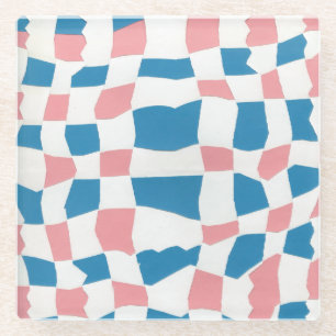 Retro Mod Pink Blue Checkerboard Abstrakt Glasuntersetzer