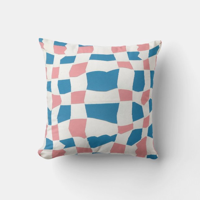 Retro Mod Pink Blue Checkerboard Abstrakt Kissen (Vorderseite)