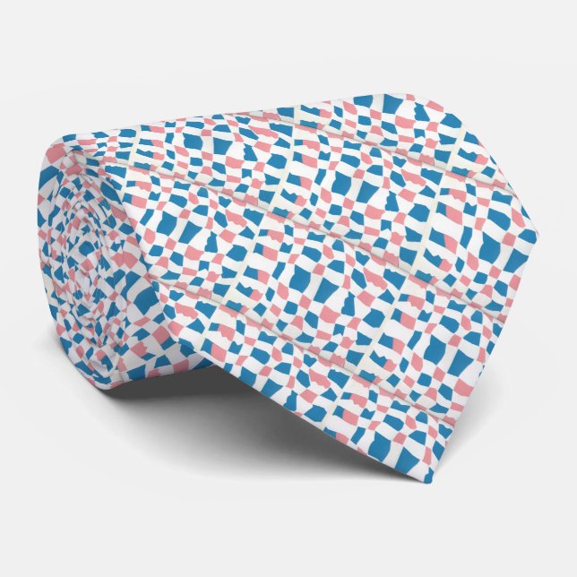 Retro Mod Pink Blue Checkerboard Abstrakt Krawatte (Gerollt)
