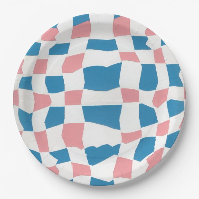 Retro Mod Pink Blue Checkerboard Abstrakt Pappteller (Vorderseite)