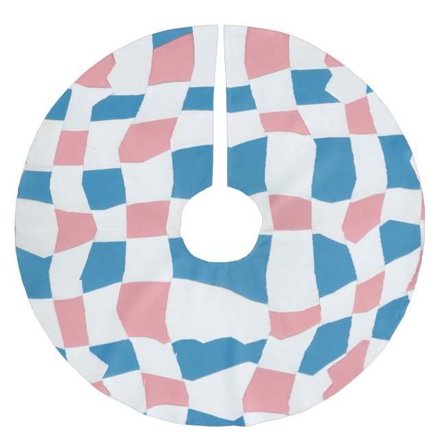 Retro Mod Pink Blue Checkerboard Abstrakt Polyester Weihnachtsbaumdecke (Vorderseite)