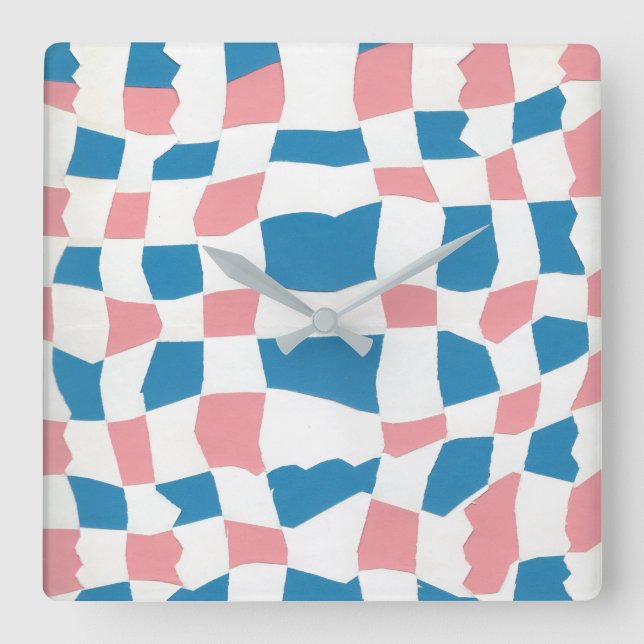 Retro Mod Pink Blue Checkerboard Abstrakt Quadratische Wanduhr (Vorderseite)