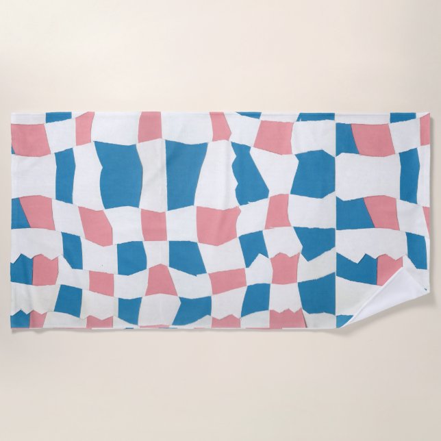 Retro Mod Pink Blue Checkerboard Abstrakt Strandtuch (Vorderseite)