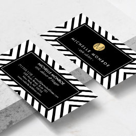Retro Mod Schwarz und Weiß Muster Gold Monogramm I Visitenkarte