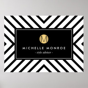 Retro Mod Schwarz und Weiß Muster Gold Monogramm Poster