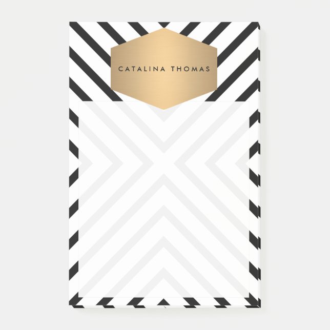Retro Mod Schwarz-Weiß-Muster mit GoldEmblem Post-it Klebezettel (Vorderseite)
