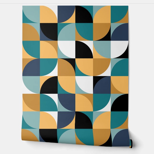 Retro Mod Squares Mustard Aquamarin Aqua Blue Blac Tapete (Abrollen)