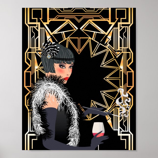 Retro Modefrau mit Glas Wein Poster (Vorne)
