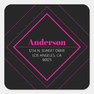 Retro-Modern Art Deco   Rosa und schwarze Adresse  Quadratischer Aufkleber
