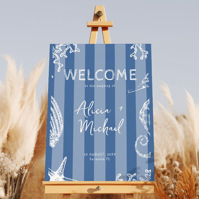 Retro modern beach striped wedding welcome sign poster (Von Creator hochgeladen)