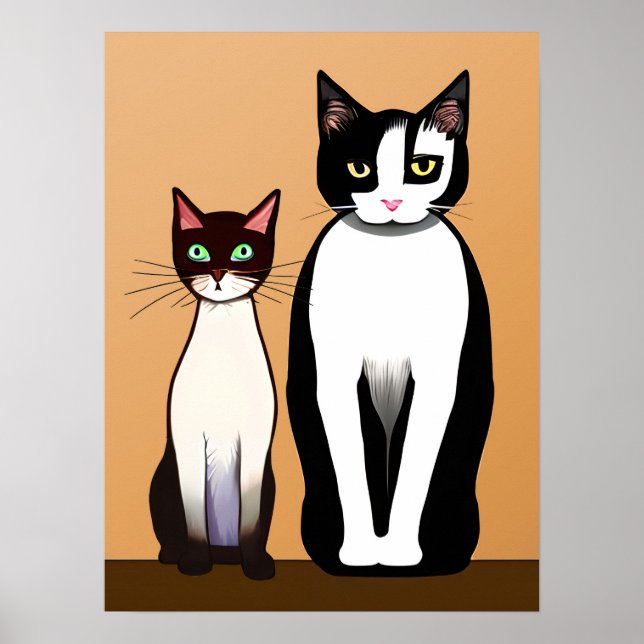 Retro Modern Black and White Cat and Kitten Poster (Vorne)