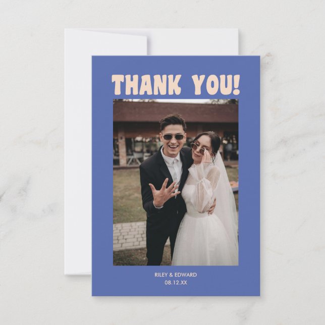Retro Modern Bold Typography Blue Wedding Photo Dankeskarte (Vorderseite)