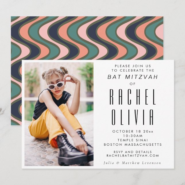 Retro Modern Chic Foto Wavy Lines Bat Mitzvah Einladung (Vorne/Hinten)