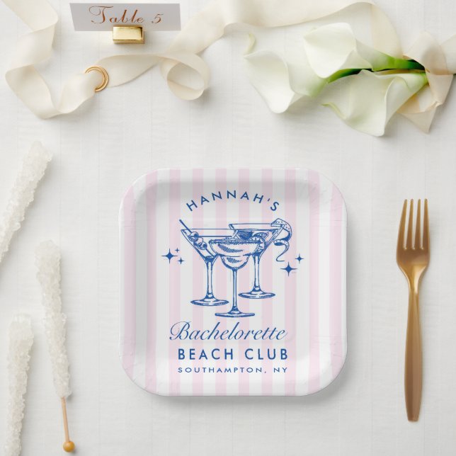 Retro Modern Cocktail Bachelorette Blau Pappteller (Hochzeit)