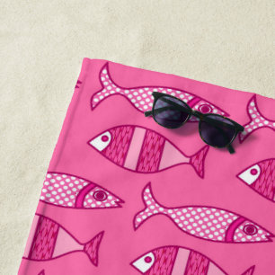 Retro Modern Fisch, Fuchsia und Light Pink Strandtuch