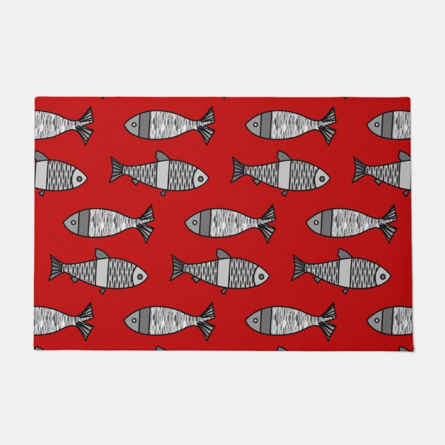 Retro Modern Fish, Deep Red & Grey / Grau Fußmatte (Vorderseite)