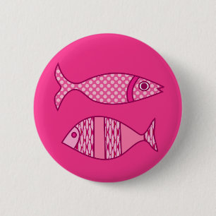 Retro Modern Fish, Fuchsia, Light Pink, Deep Pink Button