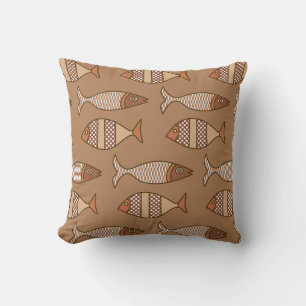 Retro Modern Fish Print, Tan, Beige und Braun Kissen