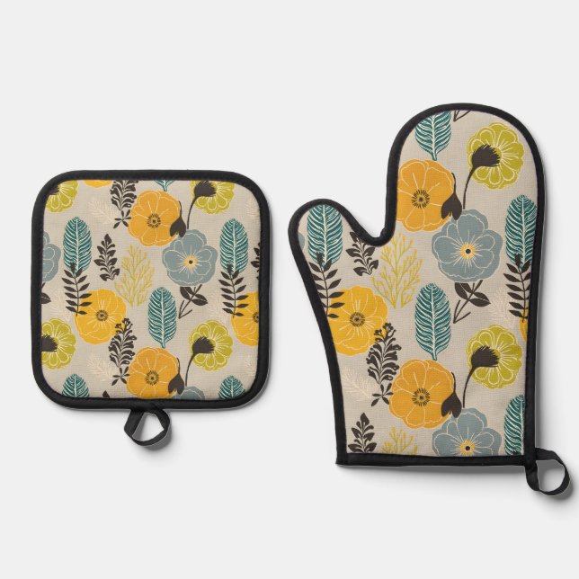 Retro Modern Floral on Gray Ofenhandschuh & Topflappen-Set (Vorderseite)
