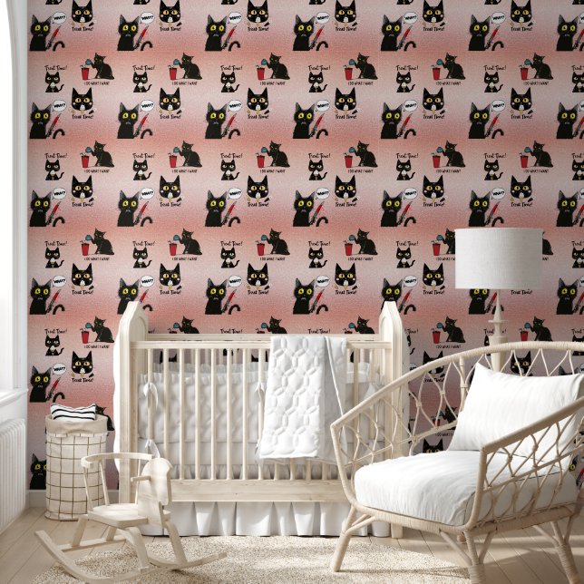 Retro Modern Funny Whimsical Black Cat - Pinkisch Tapete (Kinder)