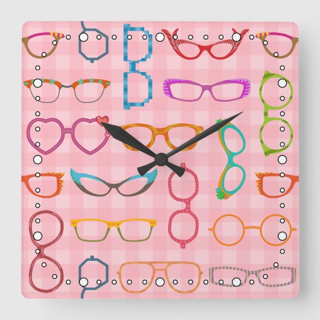 Retro Modern Hipster Eyeglasses Pink Gingham Quadratische Wanduhr (Vorderseite)