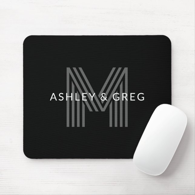 Retro Modern Name/s Editable Monogramm Schwarz & G Mousepad (Mit Mouse)