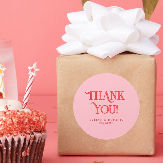 Retro Modern Pink & Red Wedding Thank You Runder Aufkleber (Party)