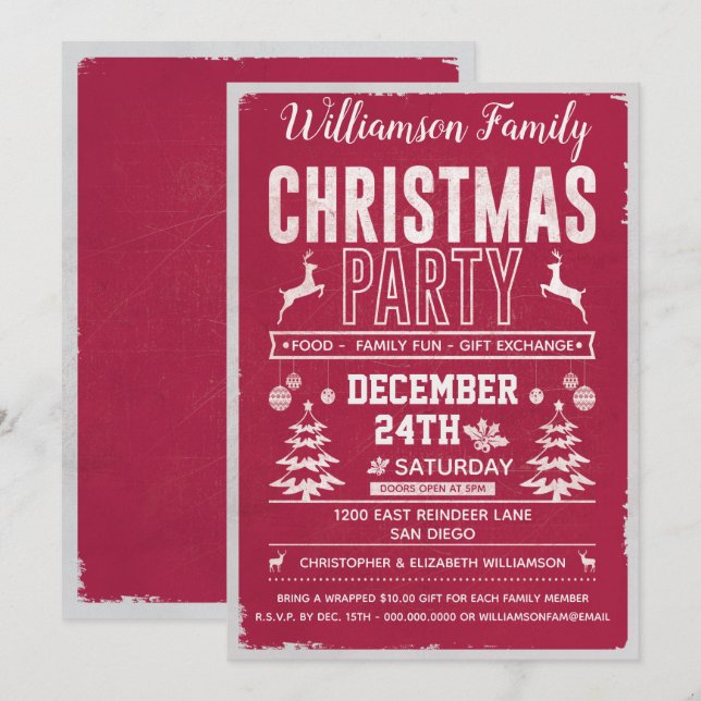 Retro Modern Red Family Christmas Party Einladung (Vorne/Hinten)