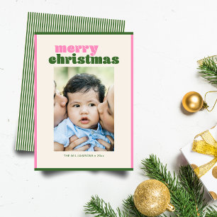 Retro Modern Rosa Grün Weihnachtsfoto Baby Feiertagskarte