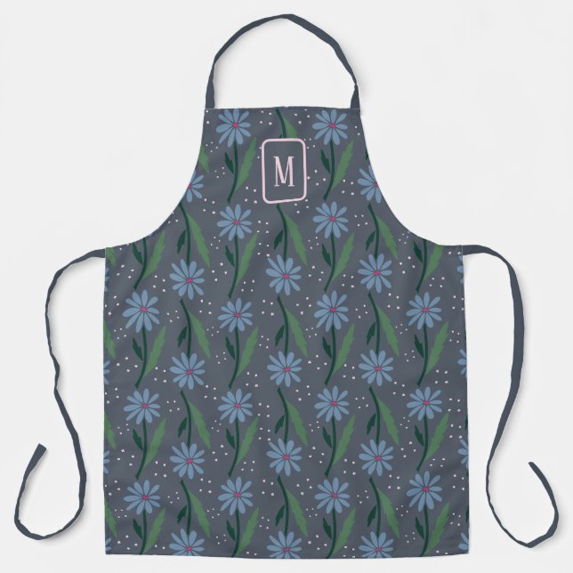 Retro moderne blaue Daisy-Monogramm-Mood Cottageco Schürze (Vorderseite)