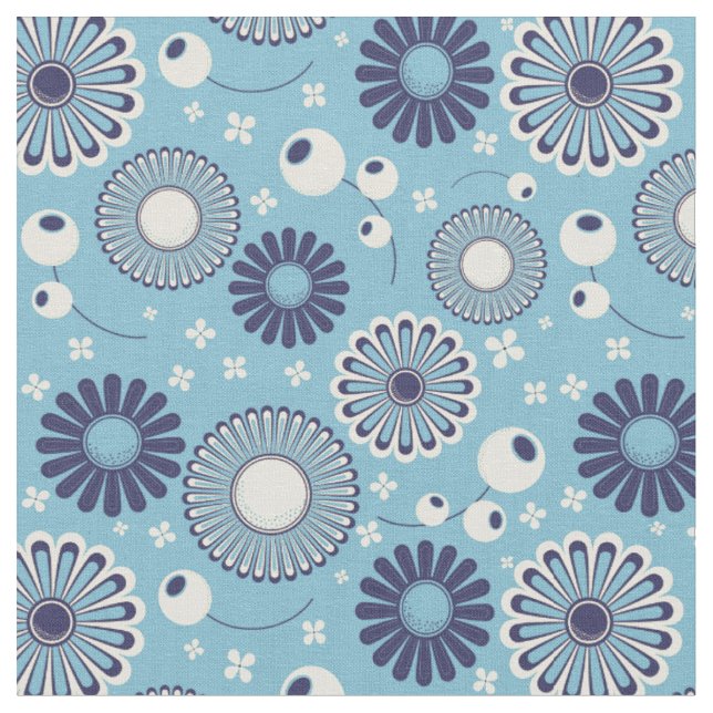 Retro Moderne Blume in Blau und Creme Gemustert Stoff (Nahaufnahme)